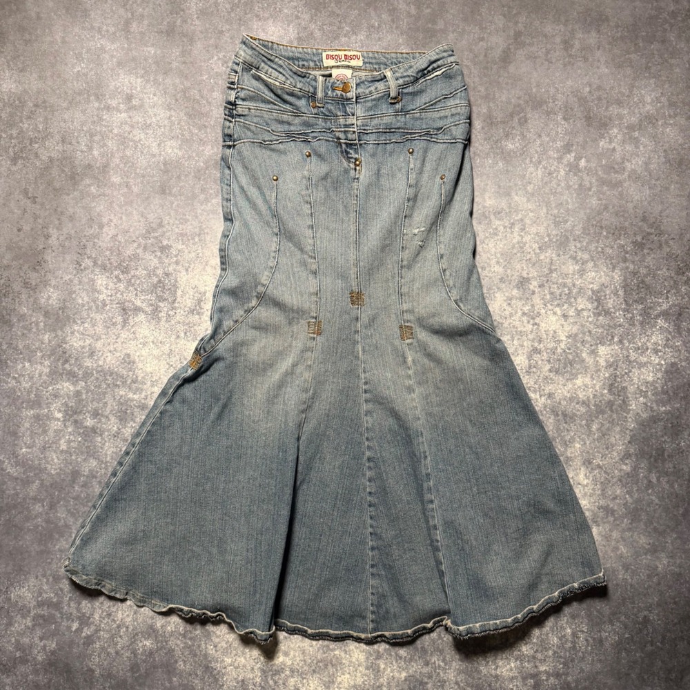 VTG Bisou Bisou Denim Mermaid Maxi Skirt Size 6 Light Wash Flared Y2K Fairycore